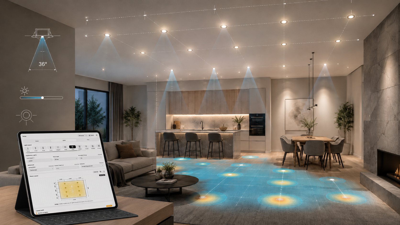 Open plan living area with a Downlight Planner layout and beam coverage overlay