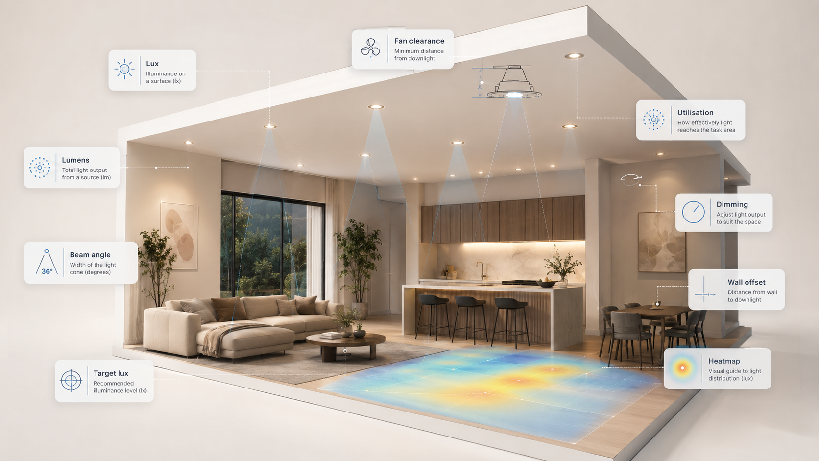 Room illustration showing downlight glossary terms including lux, lumens, beam angle, dimming and heatmap